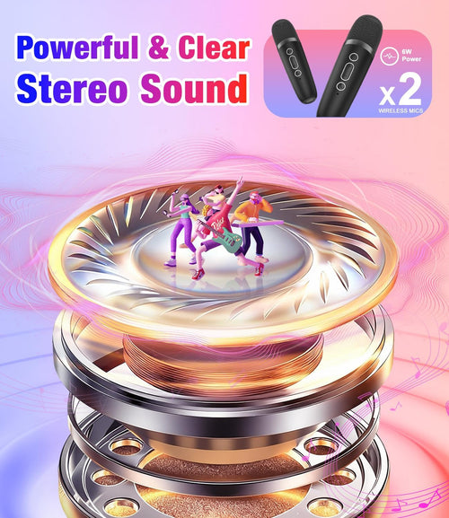 Mini Karaoke Machine, Portable Bluetooth Speaker with 2 Wireless Microphones for Kids & Adults, Karaoke Microphone with LED Lights, Gifts for Girls & Boys