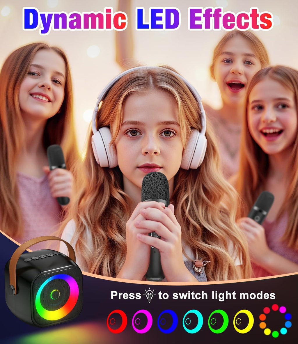 Mini Karaoke Machine, Portable Bluetooth Speaker with 2 Wireless Microphones for Kids & Adults, Karaoke Microphone with LED Lights, Gifts for Girls & Boys