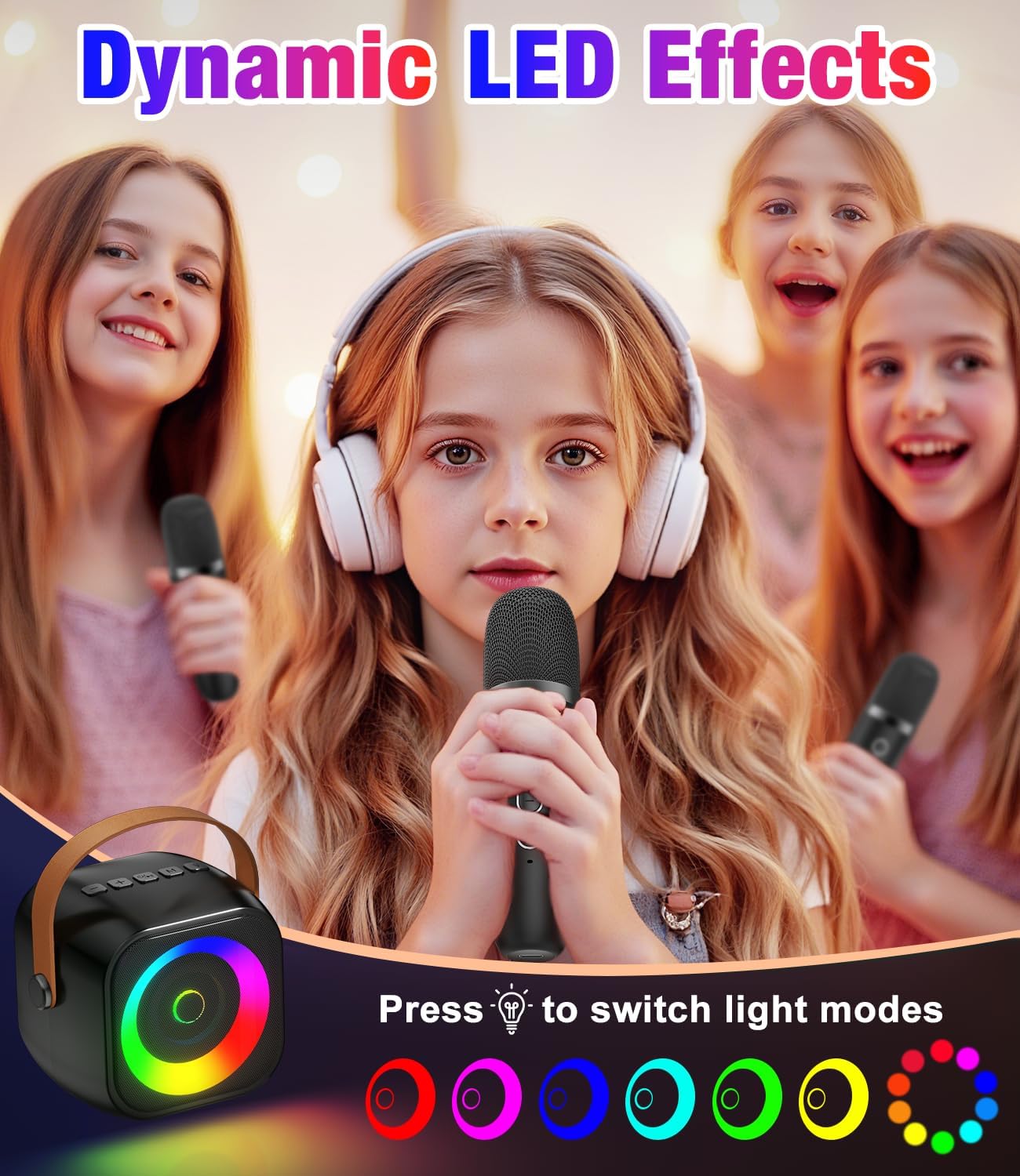 Mini Karaoke Machine, Portable Bluetooth Speaker with 2 Wireless Microphones for Kids & Adults, Karaoke Microphone with LED Lights, Gifts for Girls & Boys