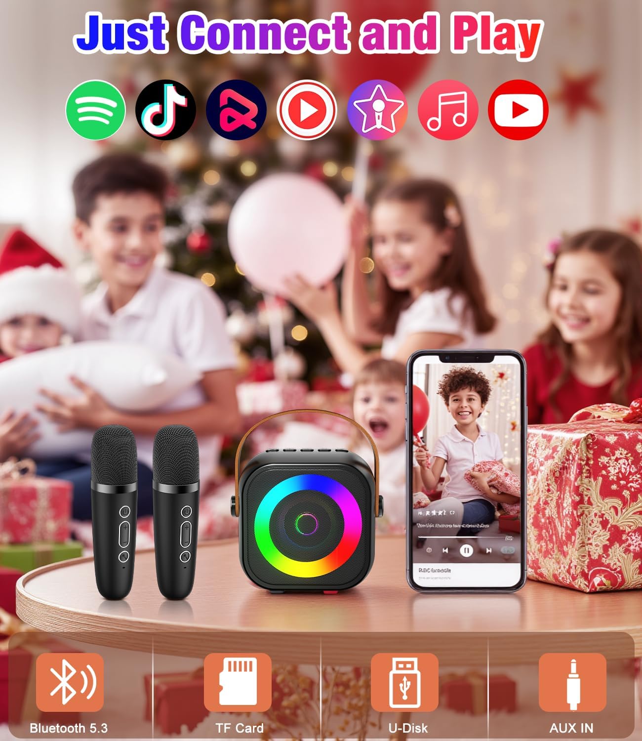 Mini Karaoke Machine, Portable Bluetooth Speaker with 2 Wireless Microphones for Kids & Adults, Karaoke Microphone with LED Lights, Gifts for Girls & Boys