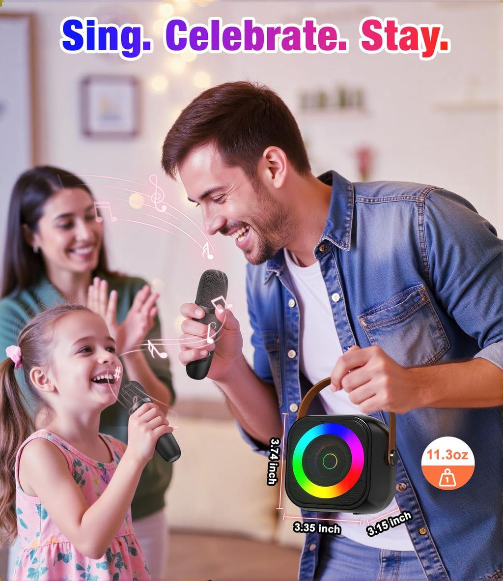 Mini Karaoke Machine, Portable Bluetooth Speaker with 2 Wireless Microphones for Kids & Adults, Karaoke Microphone with LED Lights, Gifts for Girls & Boys