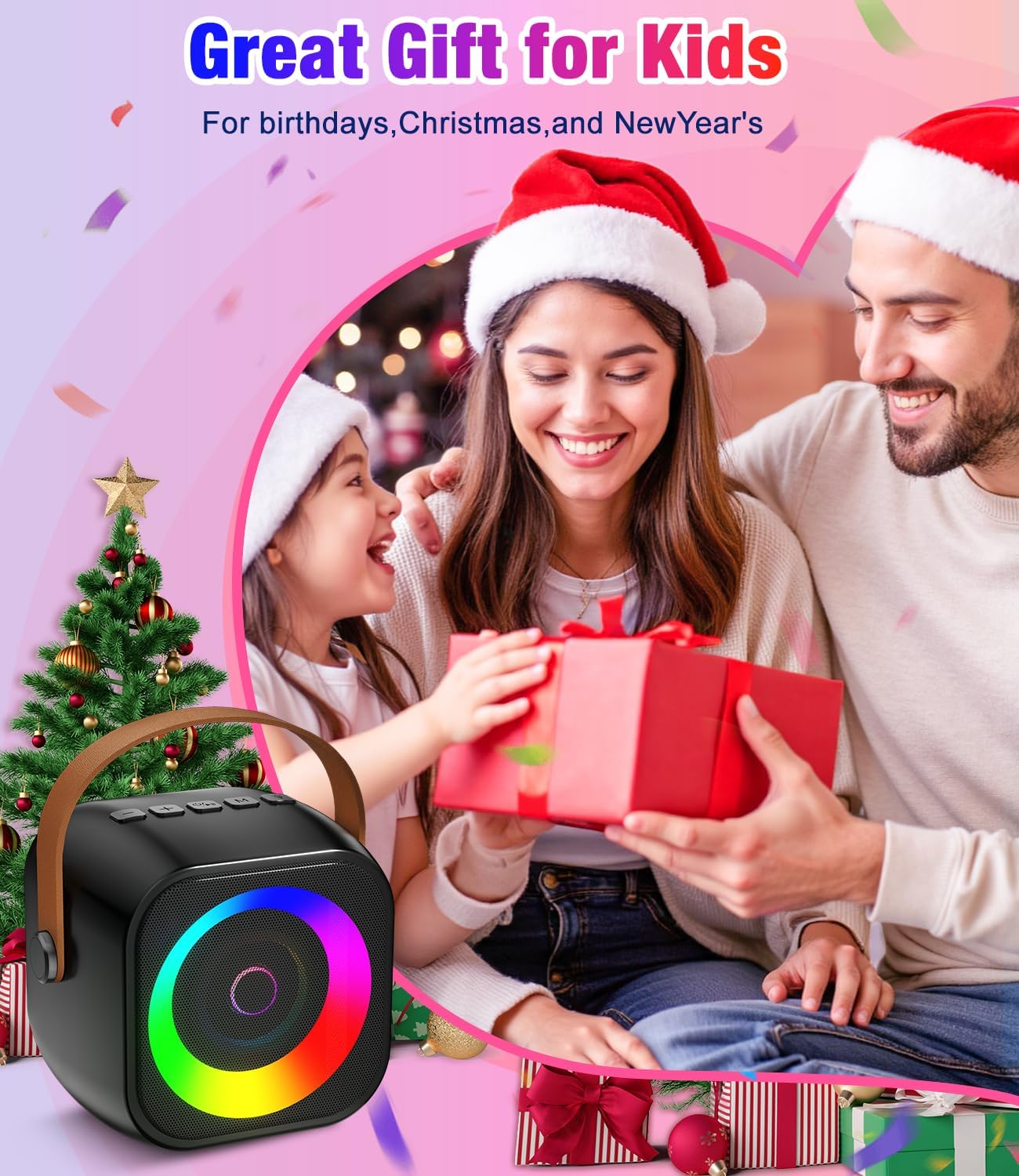 Mini Karaoke Machine, Portable Bluetooth Speaker with 2 Wireless Microphones for Kids & Adults, Karaoke Microphone with LED Lights, Gifts for Girls & Boys